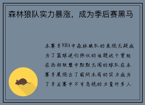 森林狼队实力暴涨，成为季后赛黑马